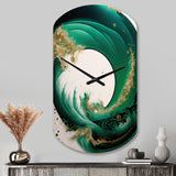 Emerald Green And Gold Abstract Waves III - Asymmetric Metal Wall Clock