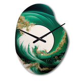 Emerald Green And Gold Abstract Waves III - Asymmetric Metal Wall Clock