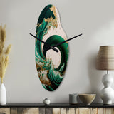 Emerald Green And Gold Abstract Waves IV - Asymmetric Metal Wall Clock