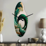Emerald Green And Gold Abstract Waves IV - Asymmetric Metal Wall Clock