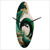 Emerald Green And Gold Abstract Waves IV - Asymmetric Metal Wall Clock