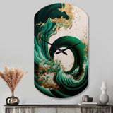 Emerald Green And Gold Abstract Waves IV - Asymmetric Metal Wall Clock