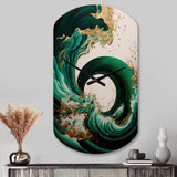 Emerald Green And Gold Abstract Waves IV - Asymmetric Metal Wall Clock