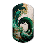 Emerald Green And Gold Abstract Waves IV - Asymmetric Metal Wall Clock