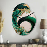 Emerald Green And Gold Abstract Waves IV - Asymmetric Metal Wall Clock