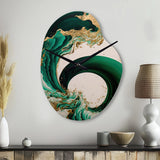 Emerald Green And Gold Abstract Waves IV - Asymmetric Metal Wall Clock
