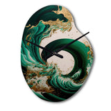 Emerald Green And Gold Abstract Waves IV - Asymmetric Metal Wall Clock