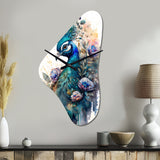 Cute Peacock Floral Art II - Asymmetric Metal Wall Clock