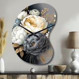 White, Blue And Grey Peony Bouquet I - Asymmetric Metal Wall Clock