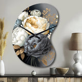 White, Blue And Grey Peony Bouquet I - Asymmetric Metal Wall Clock