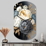 White, Blue And Grey Peony Bouquet I - Asymmetric Metal Wall Clock