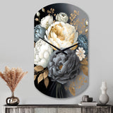 White, Blue And Grey Peony Bouquet I - Asymmetric Metal Wall Clock