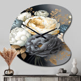 White, Blue And Grey Peony Bouquet I - Asymmetric Metal Wall Clock