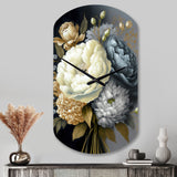 White, Blue And Grey Peony Bouquet II - Asymmetric Metal Wall Clock
