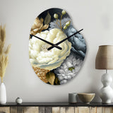White, Blue And Grey Peony Bouquet II - Asymmetric Metal Wall Clock
