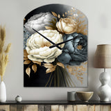 White, Blue And Grey Peony Bouquet III - Asymmetric Metal Wall Clock