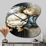 White, Blue And Grey Peony Bouquet III - Asymmetric Metal Wall Clock