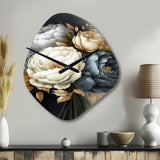 White, Blue And Grey Peony Bouquet III - Asymmetric Metal Wall Clock