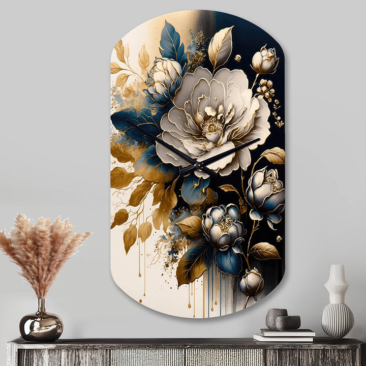 Black And Gold Camellia Bouquet I - Asymmetric Metal Wall Clock