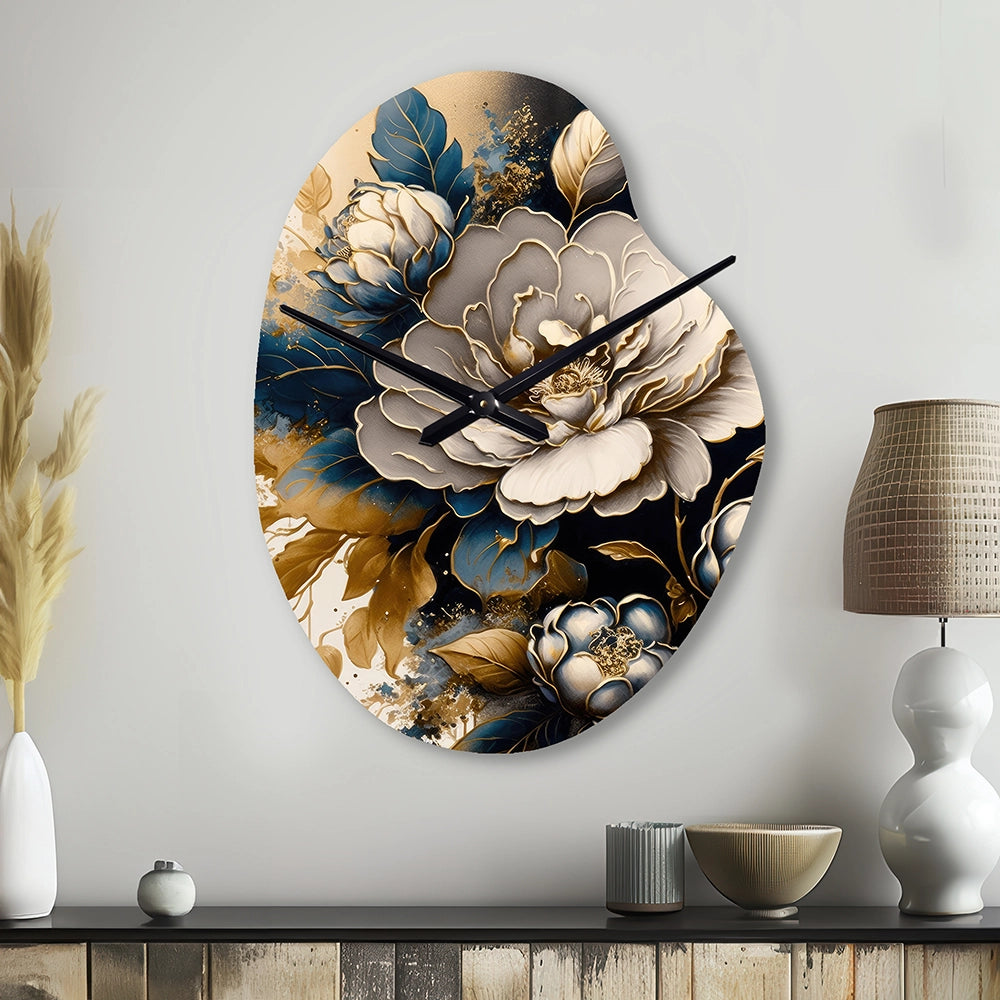 Black And Gold Camellia Bouquet I - Asymmetric Metal Wall Clock