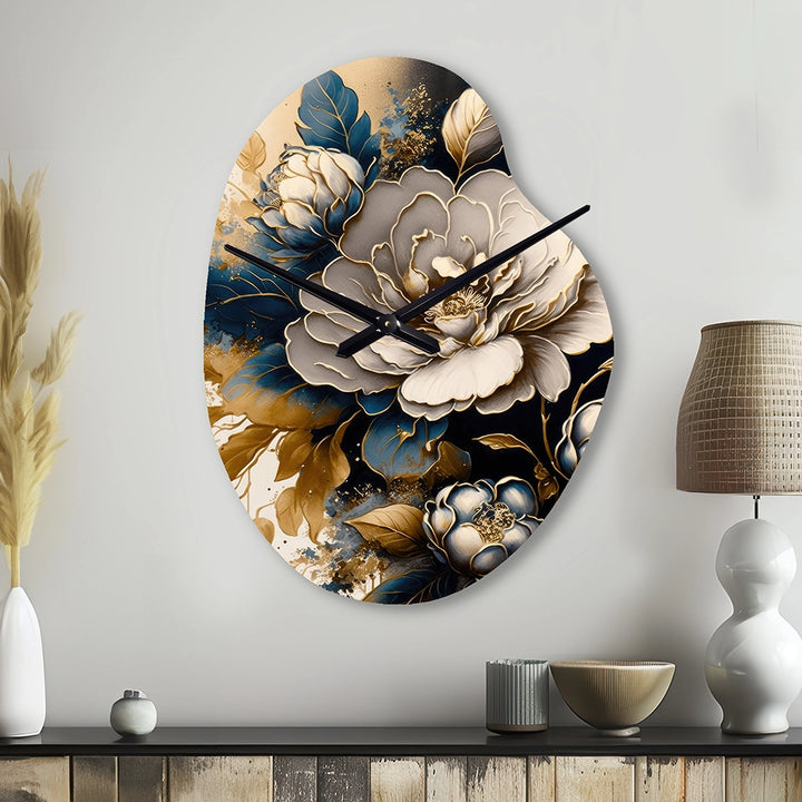 Black And Gold Camellia Bouquet I - Asymmetric Metal Wall Clock