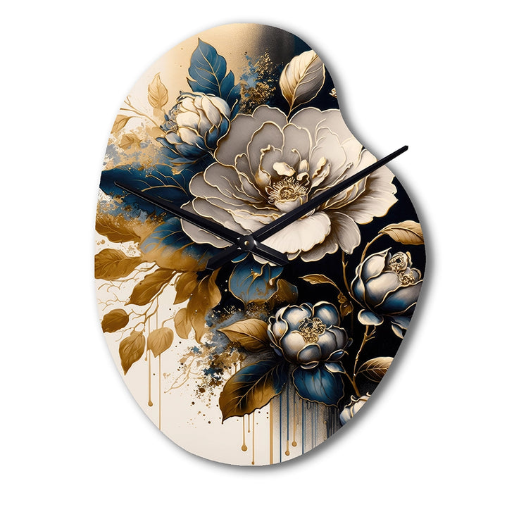 Black And Gold Camellia Bouquet I - Asymmetric Metal Wall Clock