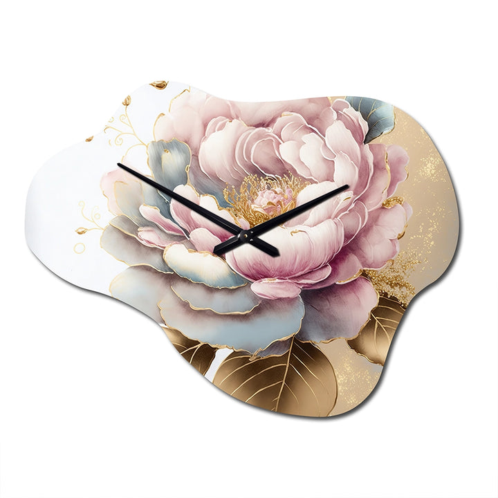 Pink And Gold Camellia Flower I - Asymmetric Metal Wall Clock