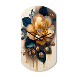Yellow And Dark Blue Camellia Flower I - Asymmetric Metal Wall Clock