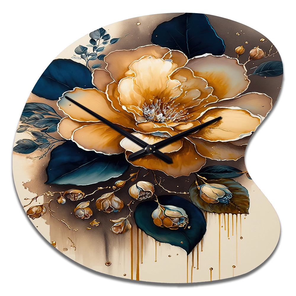 Yellow And Dark Blue Camellia Flower I - Asymmetric Metal Wall Clock
