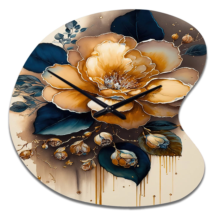 Yellow And Dark Blue Camellia Flower I - Asymmetric Metal Wall Clock