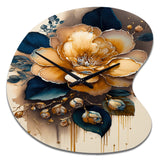 Yellow And Dark Blue Camellia Flower I - Asymmetric Metal Wall Clock