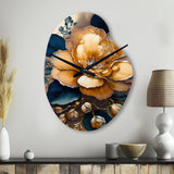 Yellow And Dark Blue Camellia Flower I - Asymmetric Metal Wall Clock