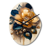 Yellow And Dark Blue Camellia Flower I - Asymmetric Metal Wall Clock