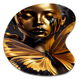 Woman With Black And Gold Butterflies V - Asymmetric Metal Wall Clock