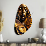 Woman With Black And Gold Butterflies V - Asymmetric Metal Wall Clock