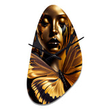 Woman With Black And Gold Butterflies V - Asymmetric Metal Wall Clock