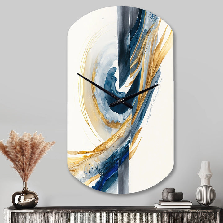 Blue And Gold Swirl Abstract V - Asymmetric Metal Wall Clock