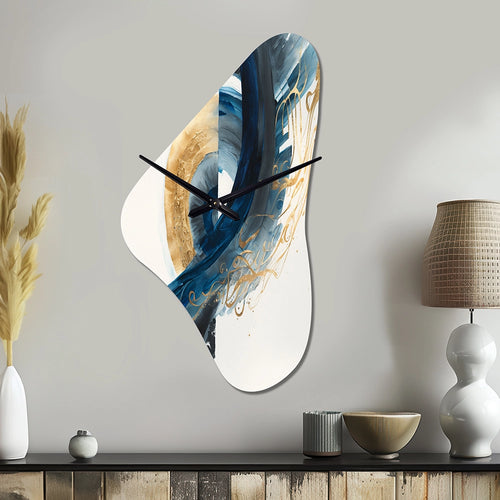 Blue And Gold Swirl Abstract VI - Asymmetric Metal Wall Clock