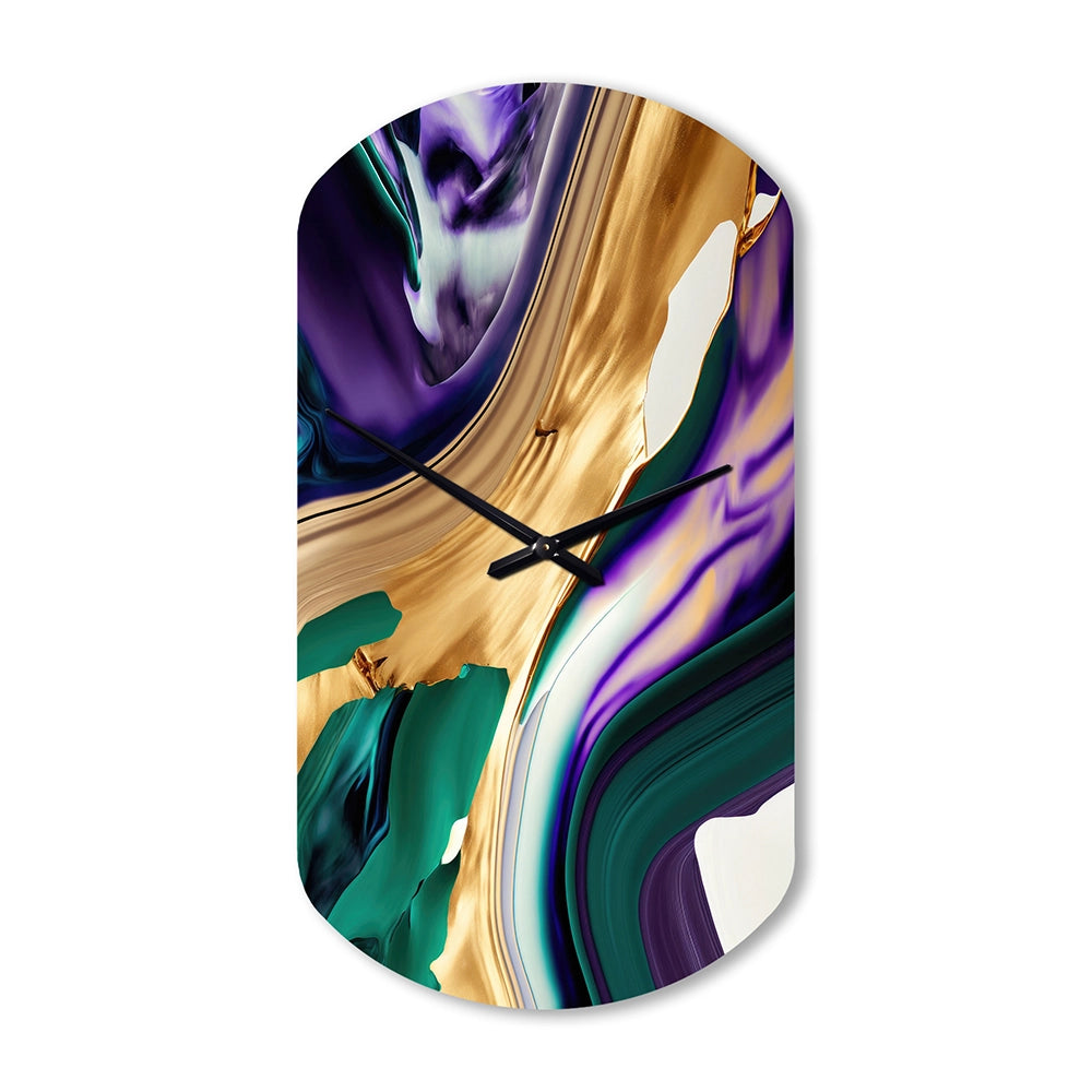 Purple, Green And Gold Bold Strokes I - Asymmetric Metal Wall Clock