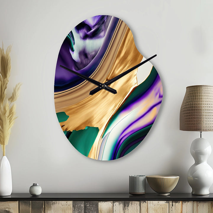 Purple, Green And Gold Bold Strokes I - Asymmetric Metal Wall Clock
