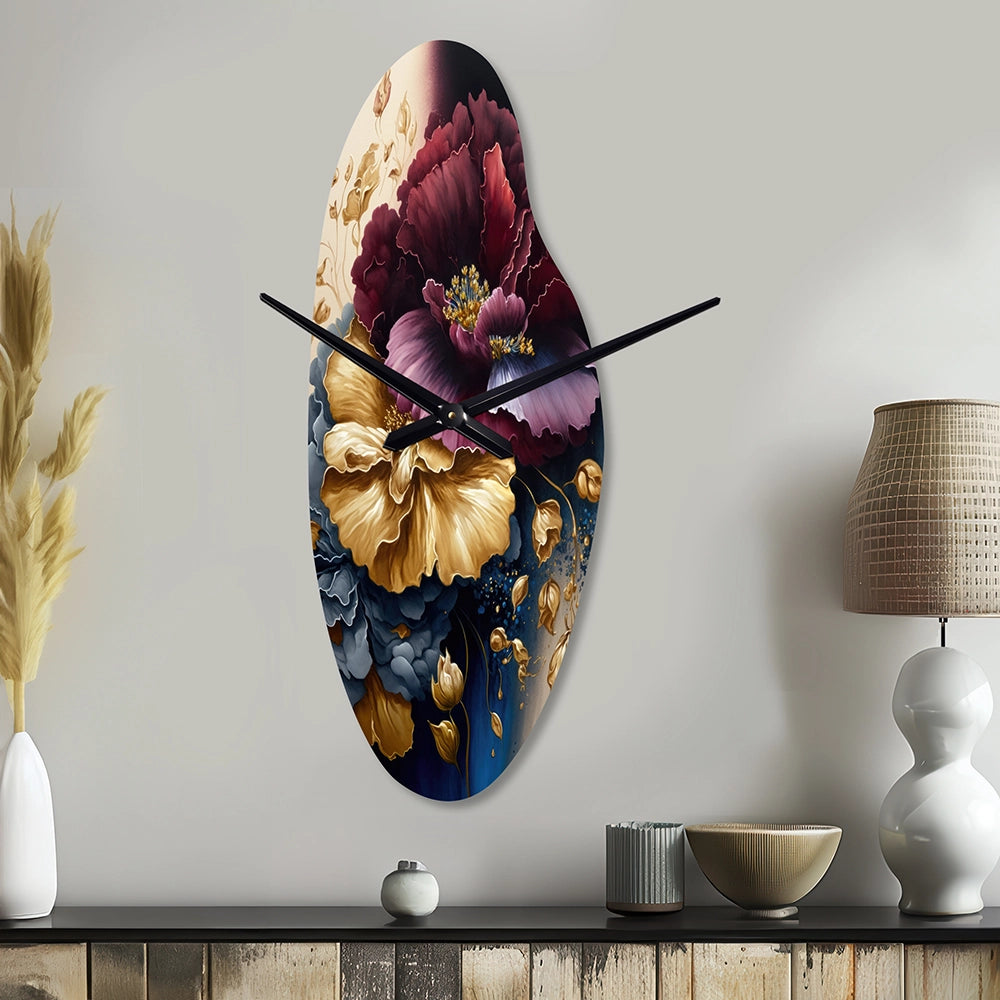 Burgundy And Blue Floral Bunch I - Asymmetric Metal Wall Clock
