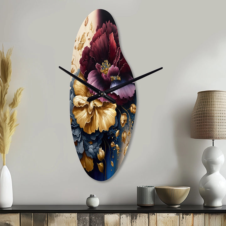 Burgundy And Blue Floral Bunch I - Asymmetric Metal Wall Clock