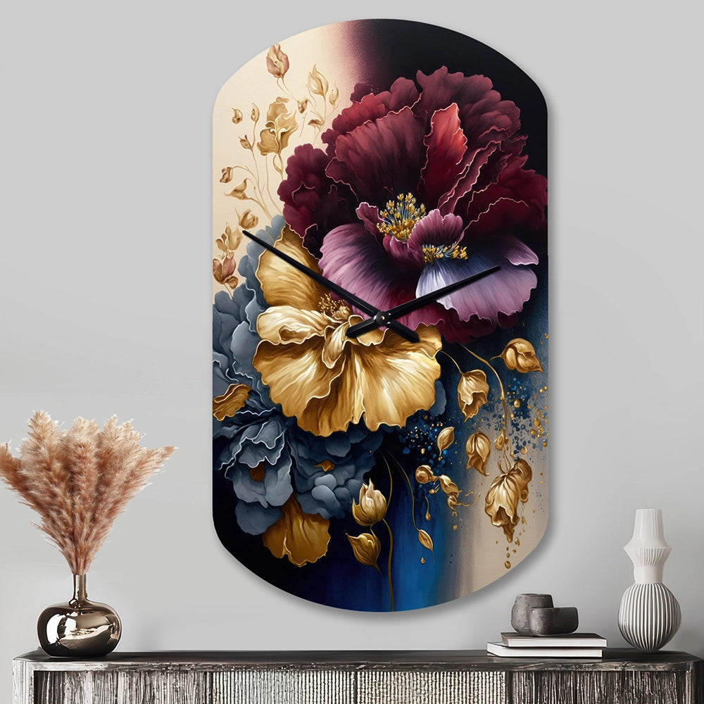 Burgundy And Blue Floral Bunch I - Asymmetric Metal Wall Clock
