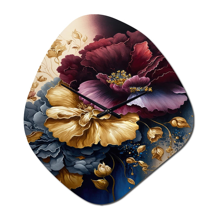 Burgundy And Blue Floral Bunch I - Asymmetric Metal Wall Clock