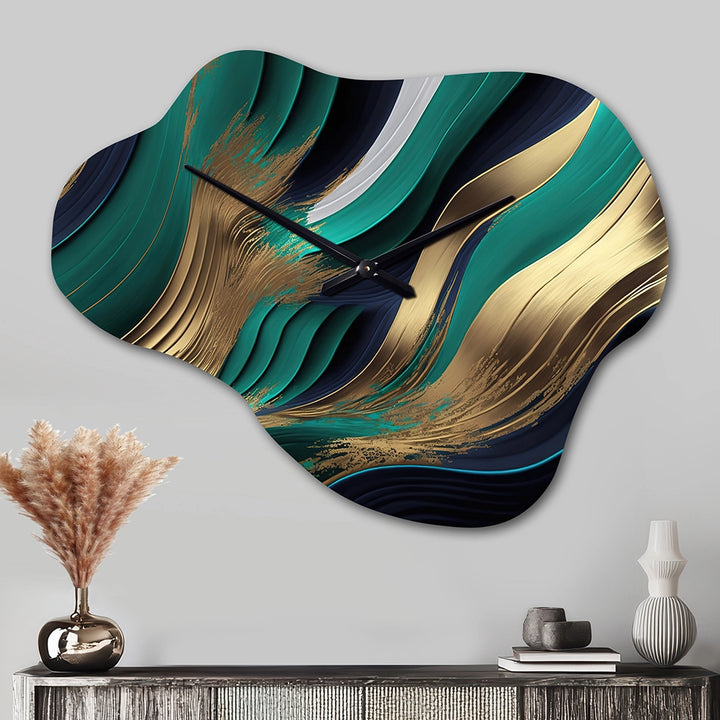 Green And Gold Agate I - Asymmetric Metal Wall Clock
