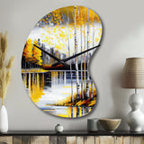 Grey And Yellow Birch Trees By The Lake I - Asymmetric Metal Wall Clock