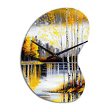 Grey And Yellow Birch Trees By The Lake I - Asymmetric Metal Wall Clock