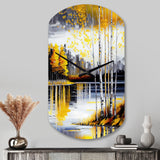 Grey And Yellow Birch Trees By The Lake I - Asymmetric Metal Wall Clock