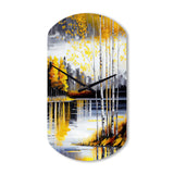 Grey And Yellow Birch Trees By The Lake I - Asymmetric Metal Wall Clock