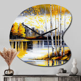 Grey And Yellow Birch Trees By The Lake I - Asymmetric Metal Wall Clock